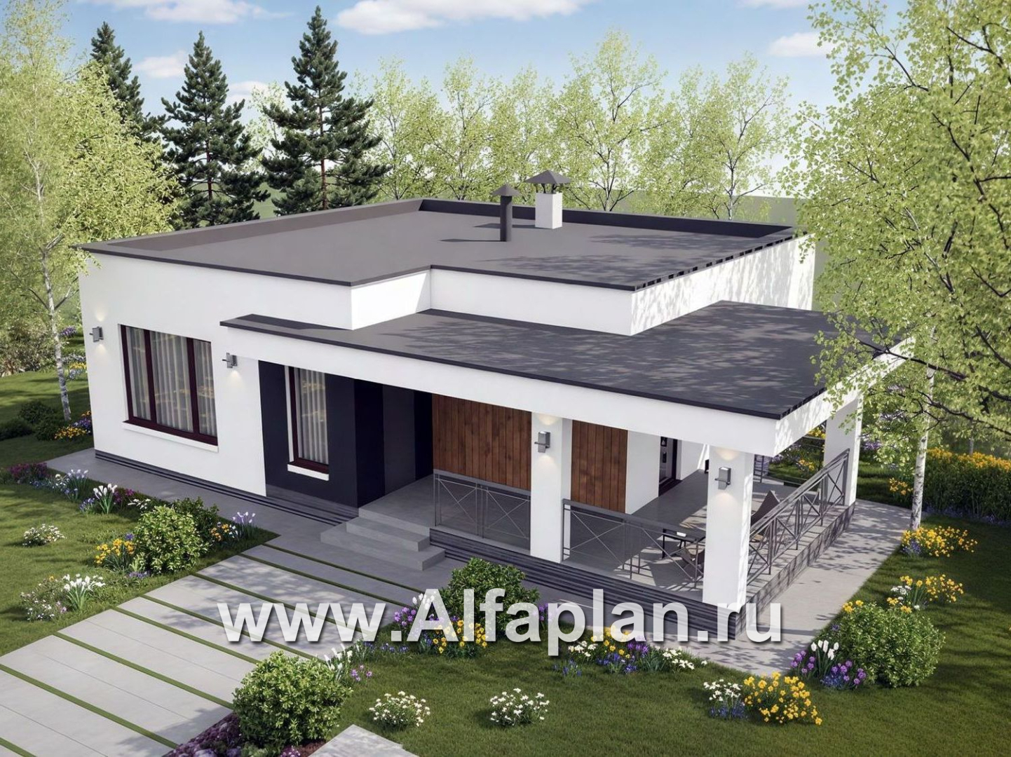 «Подлипье» - экономичный одноэтажный коттедж с плоской кровлей, планировка 2 спальни, с террасой - дизайн дома №3