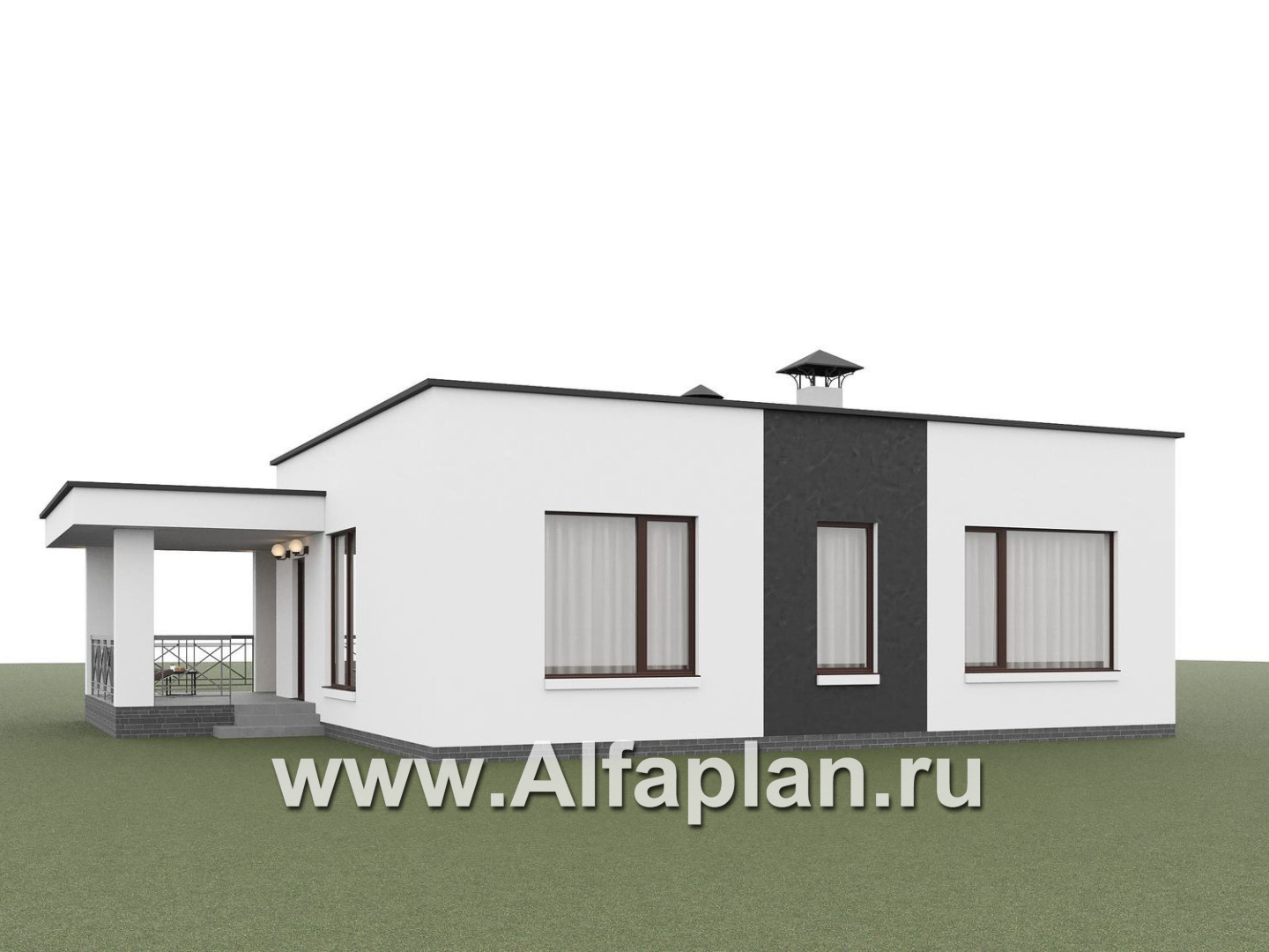 «Подлипье» - экономичный одноэтажный коттедж с плоской кровлей, планировка 2 спальни, с террасой - дизайн дома №4