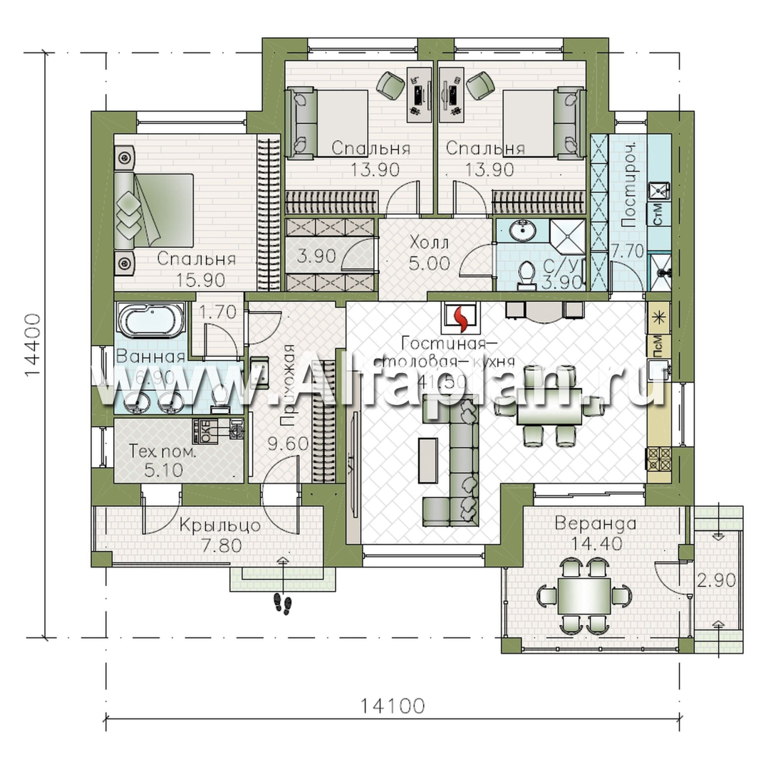 «Селена» - проект одноэтажного дома, планировка мастер спальня, 2 детских, кладовая при кухне, остекленная веранда - план дома - фото №1