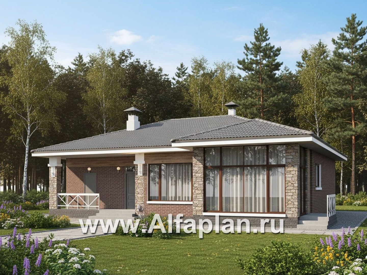 «Селена» - проект одноэтажного дома, планировка мастер спальня, 2 детских, кладовая при кухне, остекленная веранда - дизайн дома №1