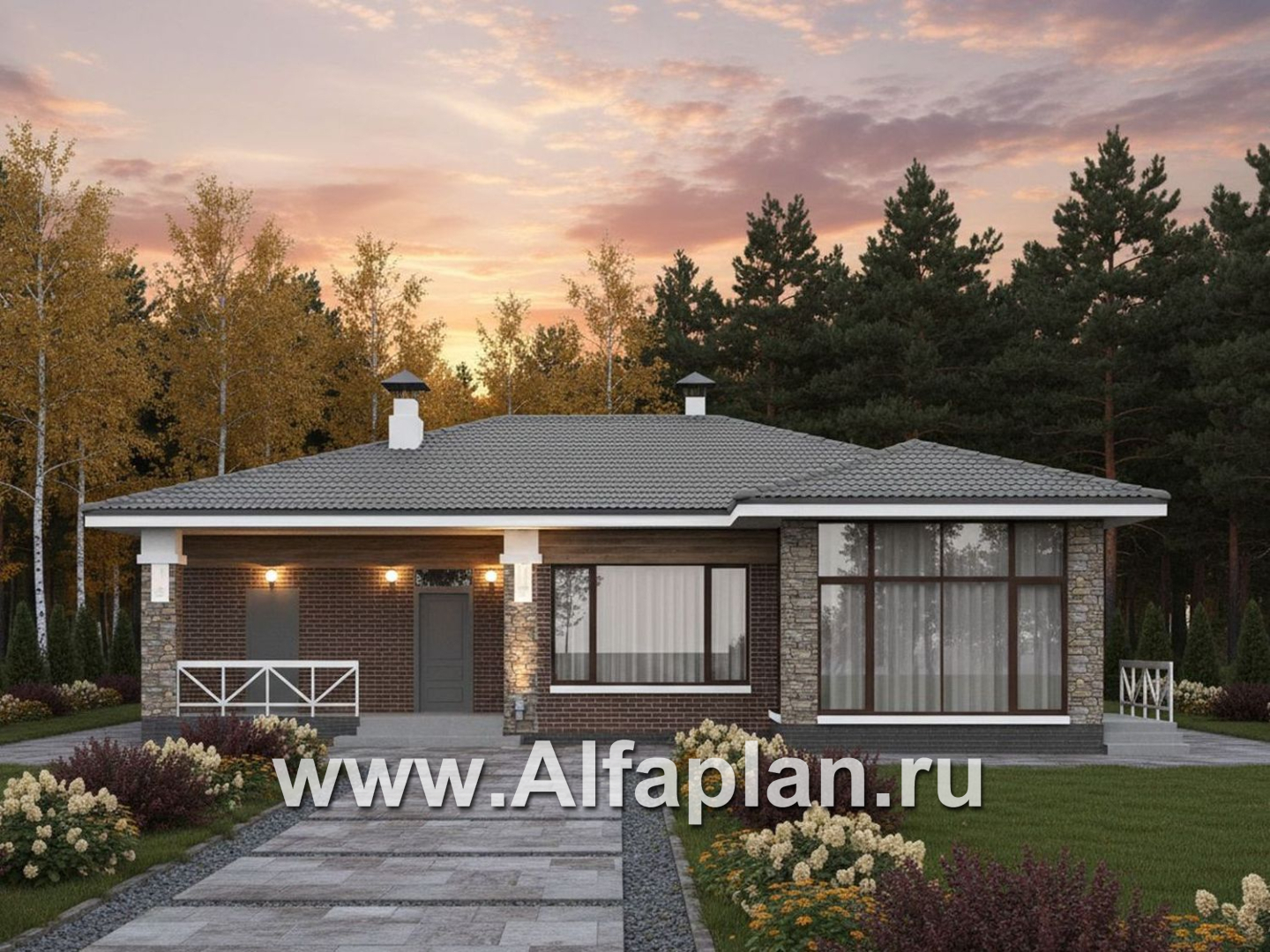 «Селена» - проект одноэтажного дома, планировка мастер спальня, 2 детских, кладовая при кухне, остекленная веранда - дизайн дома №3