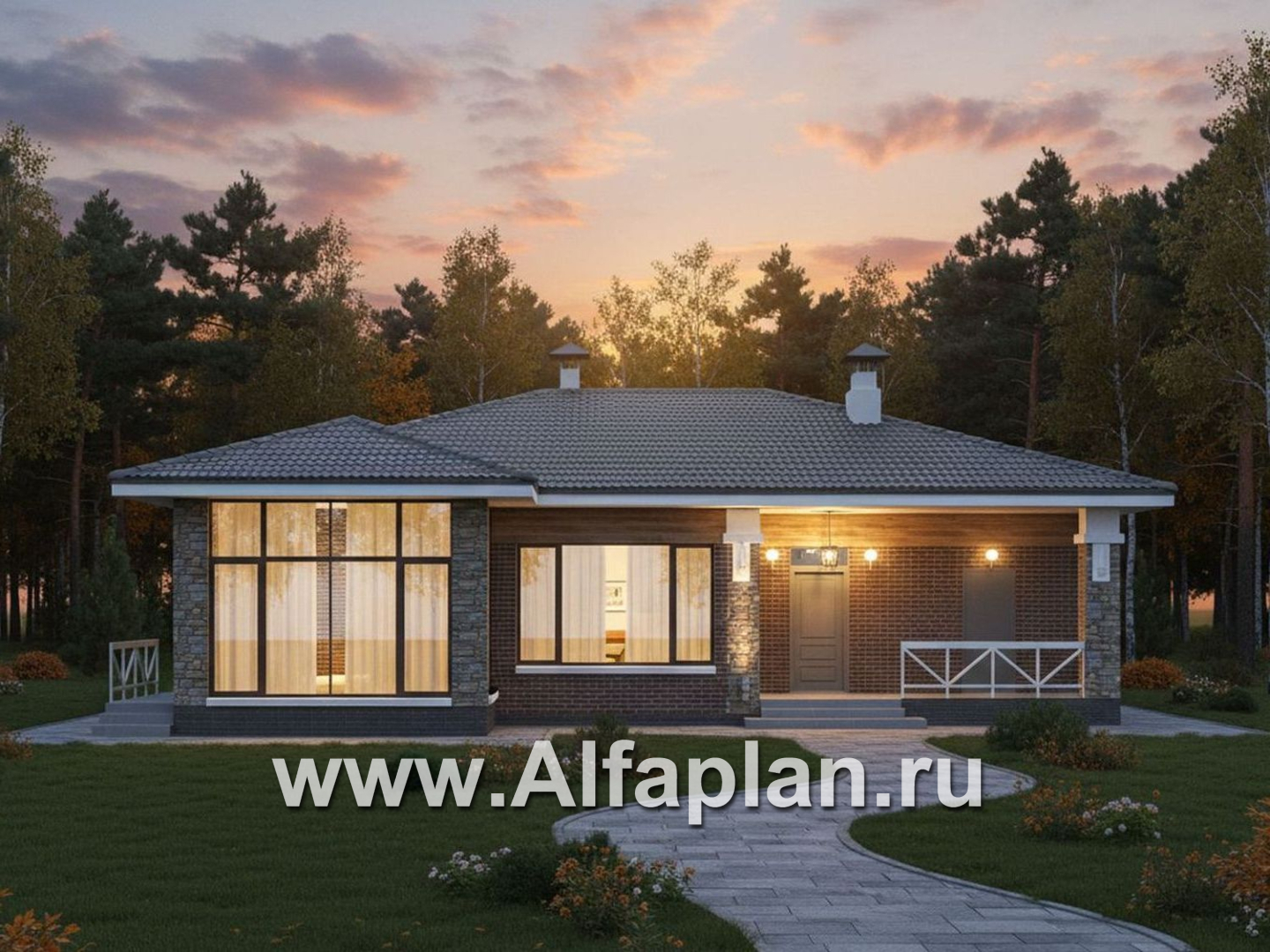 «Селена» - проект одноэтажного дома, планировка мастер спальня, 2 детских, кладовая при кухне, остекленная веранда - основное изображение