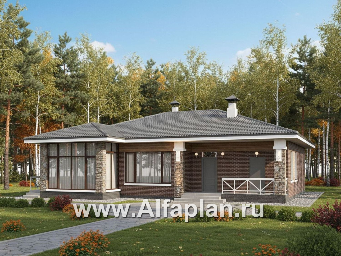 «Селена» - проект одноэтажного дома, планировка мастер спальня, 2 детских, кладовая при кухне, остекленная веранда - дизайн дома №1