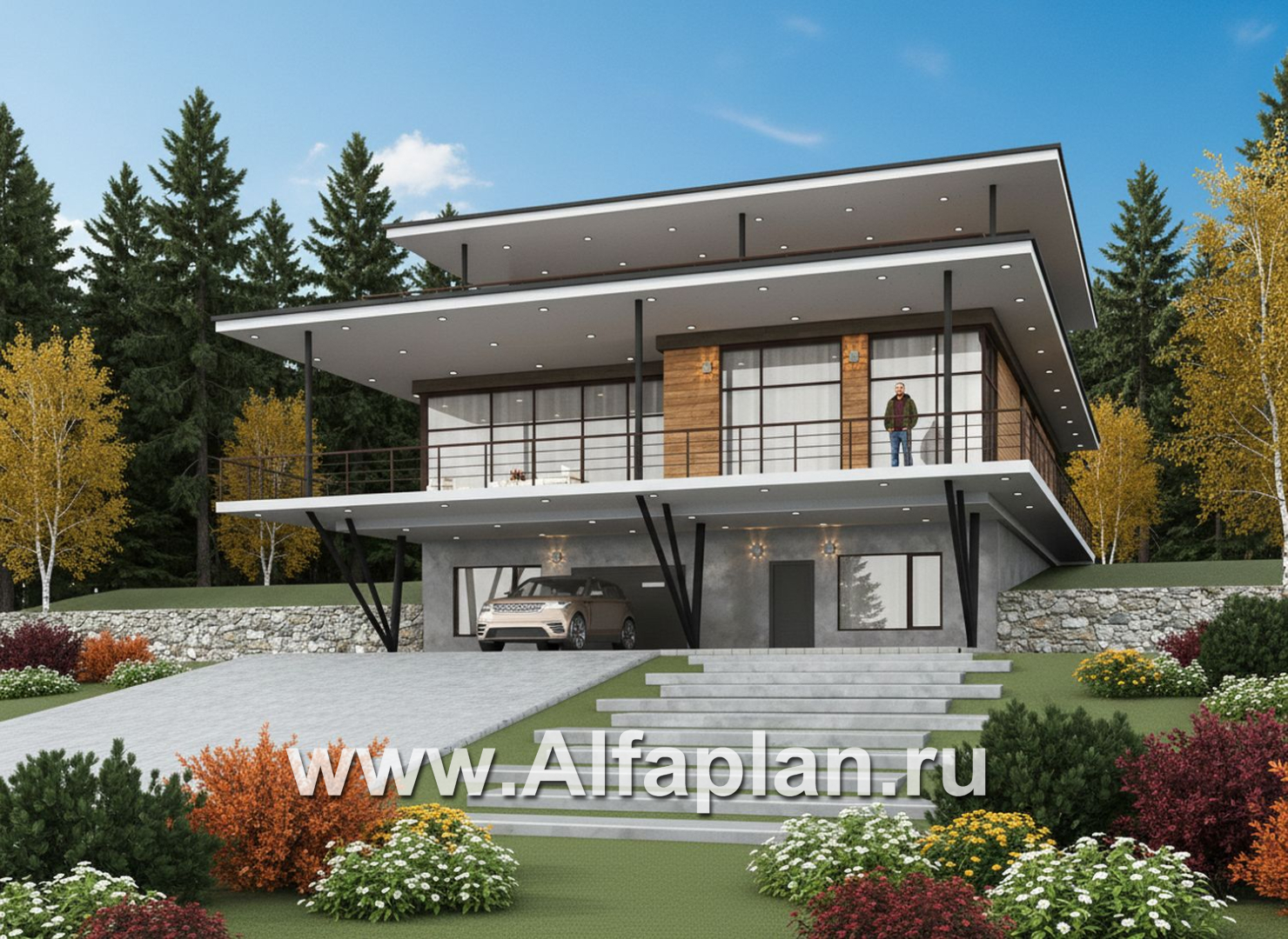 "Парящая гавань" - проект эксклюзивного дома на рельефе, со СПА центром и гаражом - дизайн дома №1
