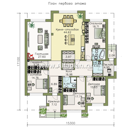 «Калипсо» - проект одноэтажного дома, 4 спальни, в современном стиле - превью план дома - фото №1