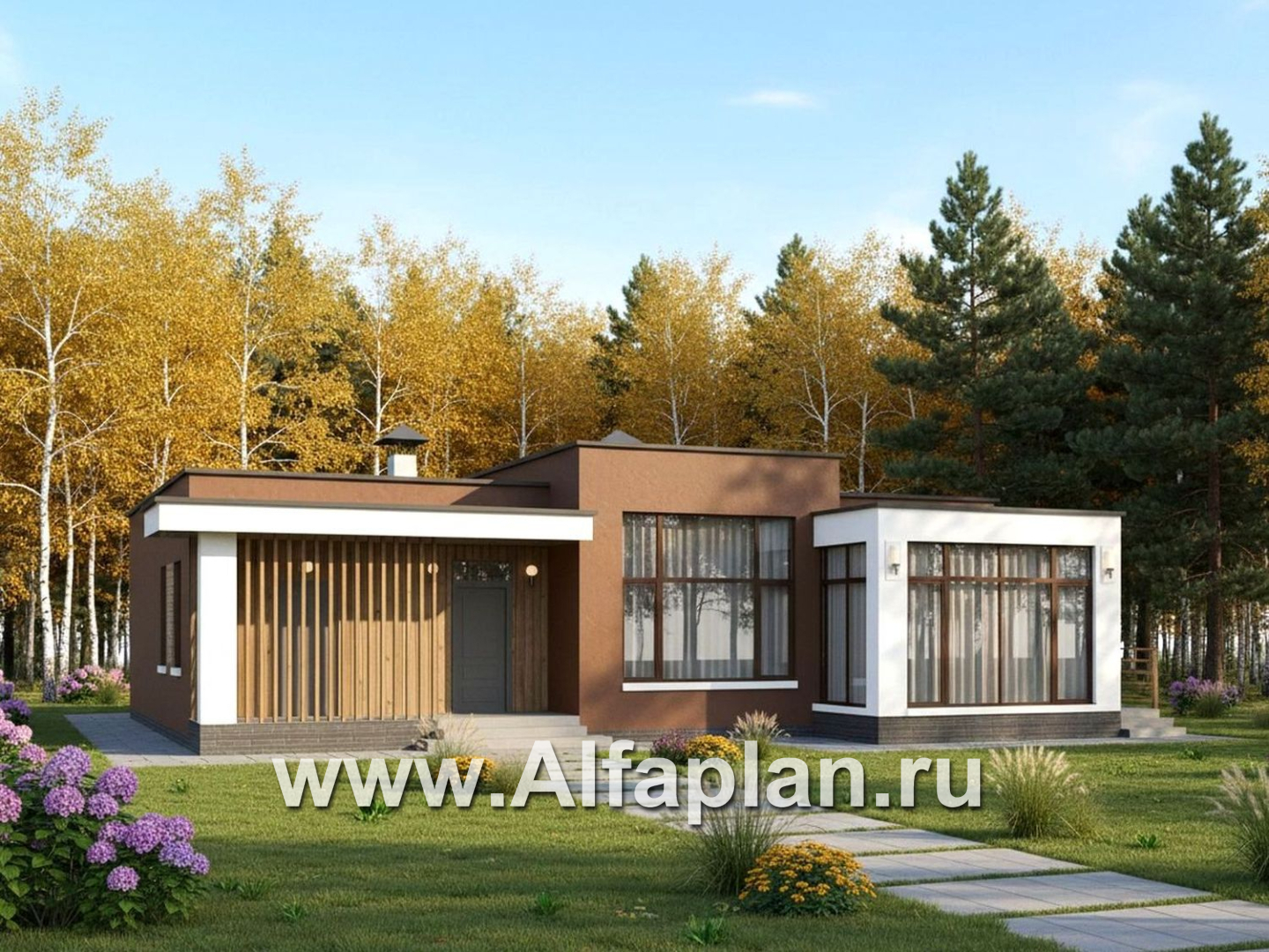 «Селена» - проект одноэтажного дома  с плоской крышей, планировка мастер спальня, 2 детских, кладовая при кухне, остекленная веранда - основное изображение