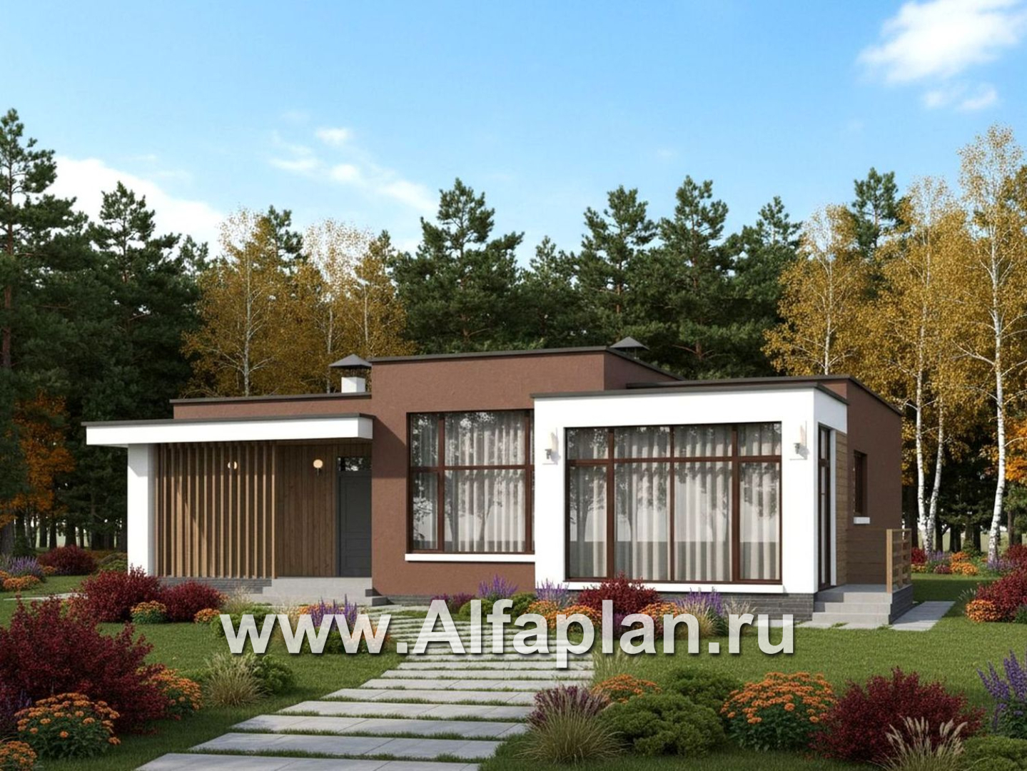 «Селена» - проект одноэтажного дома  с плоской крышей, планировка мастер спальня, 2 детских, кладовая при кухне, остекленная веранда - дизайн дома №1