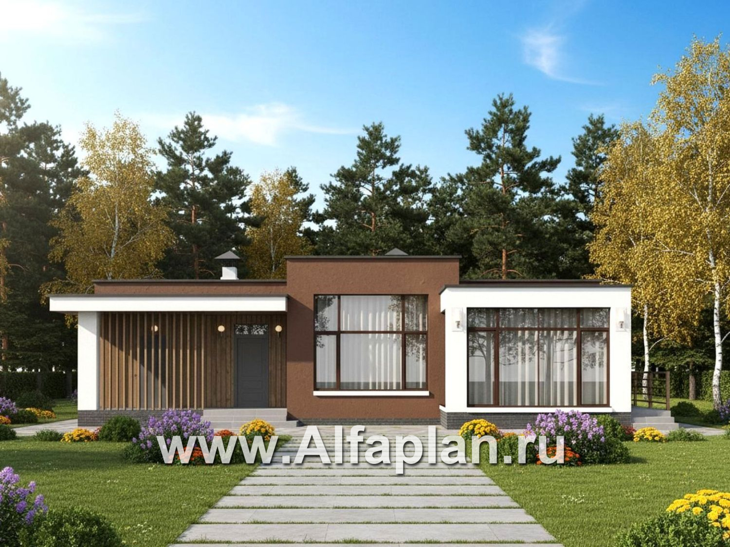 «Селена» - проект одноэтажного дома  с плоской крышей, планировка мастер спальня, 2 детских, кладовая при кухне, остекленная веранда - дизайн дома №2