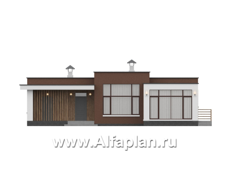 «Селена» - проект одноэтажного дома  с плоской крышей, планировка мастер спальня, 2 детских, кладовая при кухне, остекленная веранда - превью фасада дома - фото №1