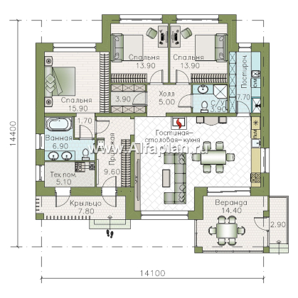 «Селена» - проект одноэтажного дома  с плоской крышей, планировка мастер спальня, 2 детских, кладовая при кухне, остекленная веранда - превью план дома - фото №1