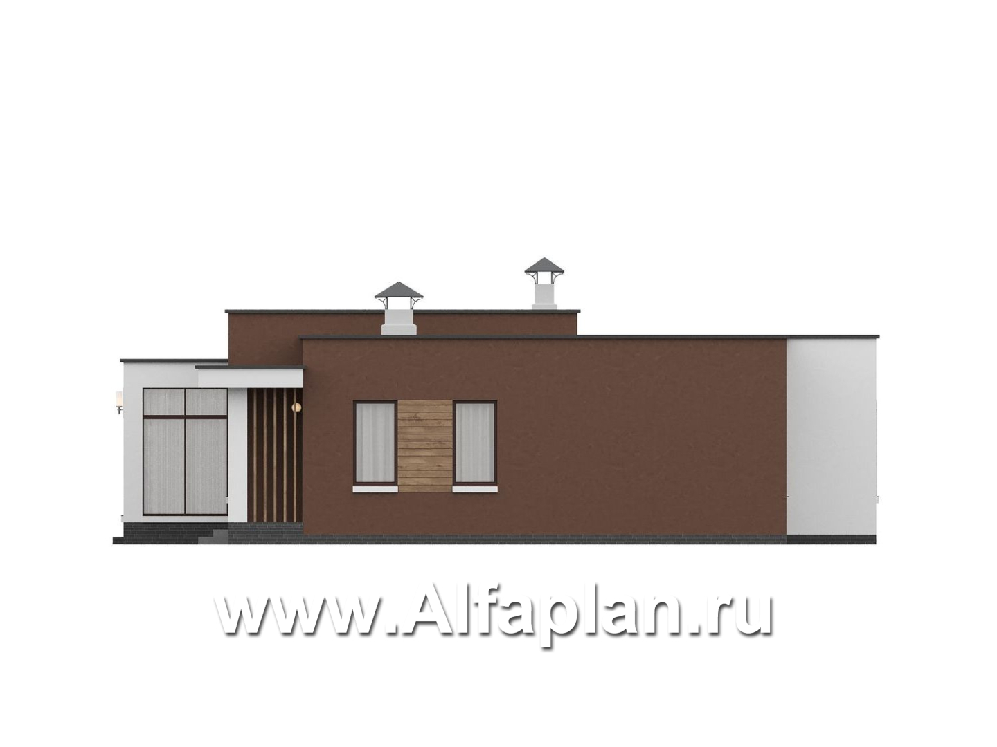 «Селена» - проект одноэтажного дома  с плоской крышей, планировка мастер спальня, 2 детских, кладовая при кухне, остекленная веранда - фасад дома - фото №2