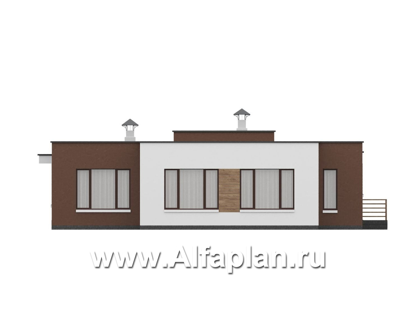 «Селена» - проект одноэтажного дома  с плоской крышей, планировка мастер спальня, 2 детских, кладовая при кухне, остекленная веранда - фасад дома - фото №3