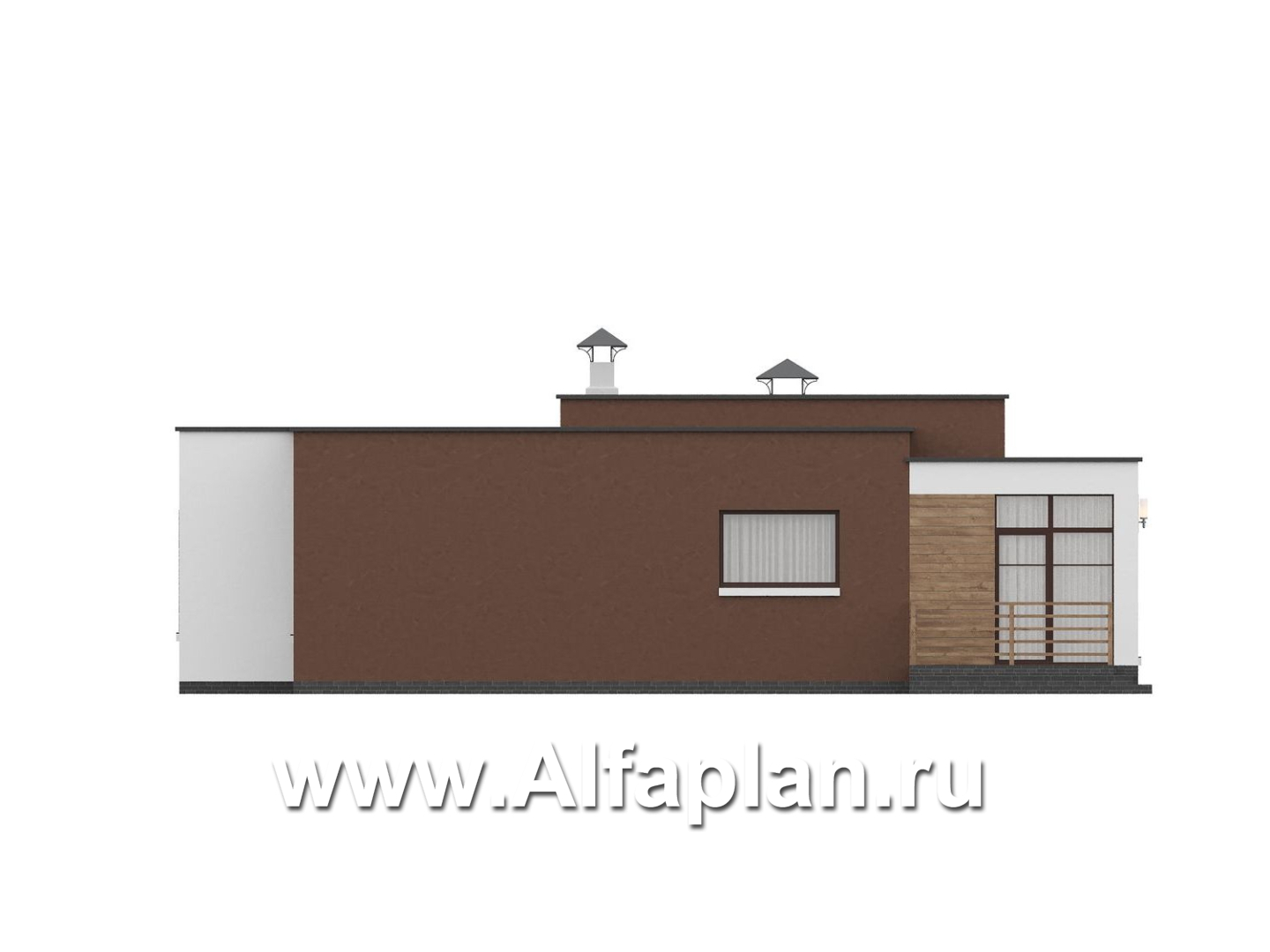 «Селена» - проект одноэтажного дома  с плоской крышей, планировка мастер спальня, 2 детских, кладовая при кухне, остекленная веранда - фасад дома - фото №4