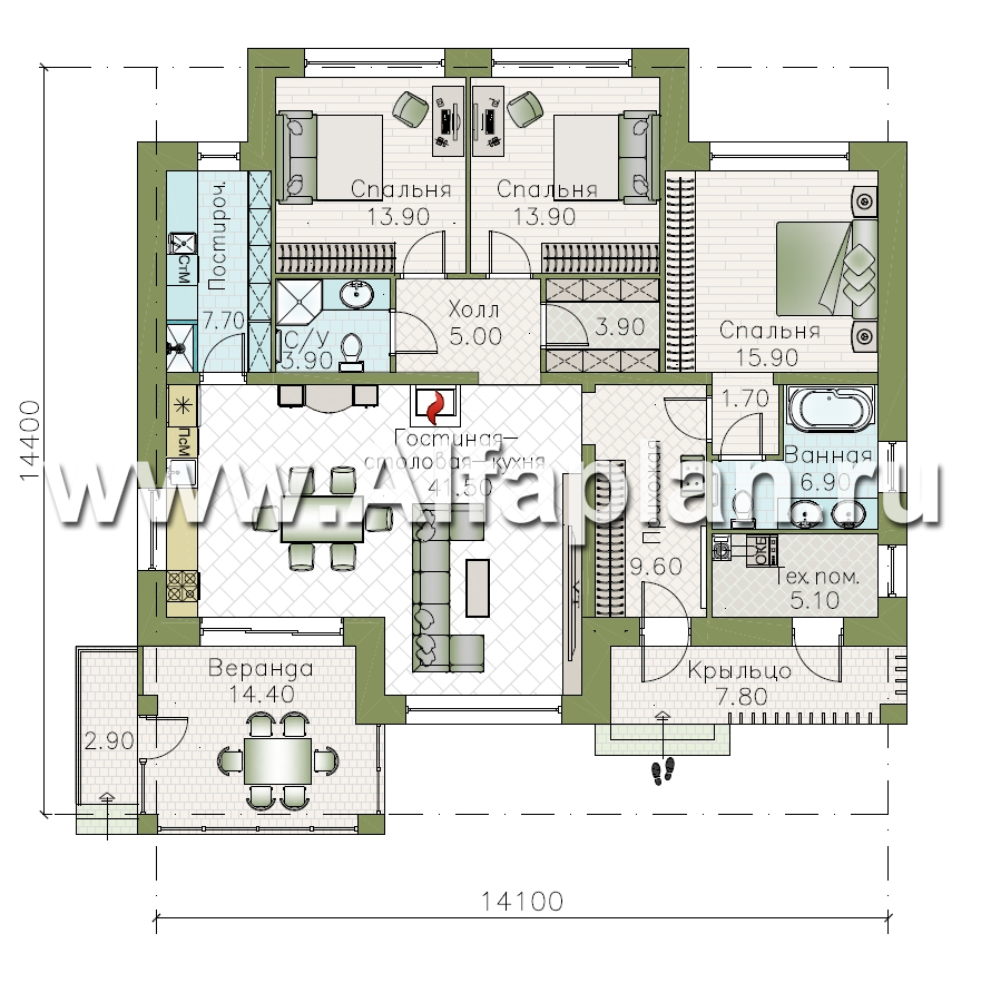 «Селена» - проект одноэтажного дома  с плоской крышей, планировка мастер спальня, 2 детских, кладовая при кухне, остекленная веранда - план дома - фото №1