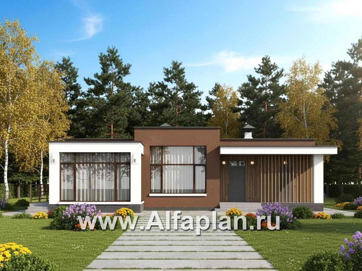 «Селена» - проект одноэтажного дома  с плоской крышей, планировка мастер спальня, 2 детских, кладовая при кухне, остекленная веранда - основное изображение