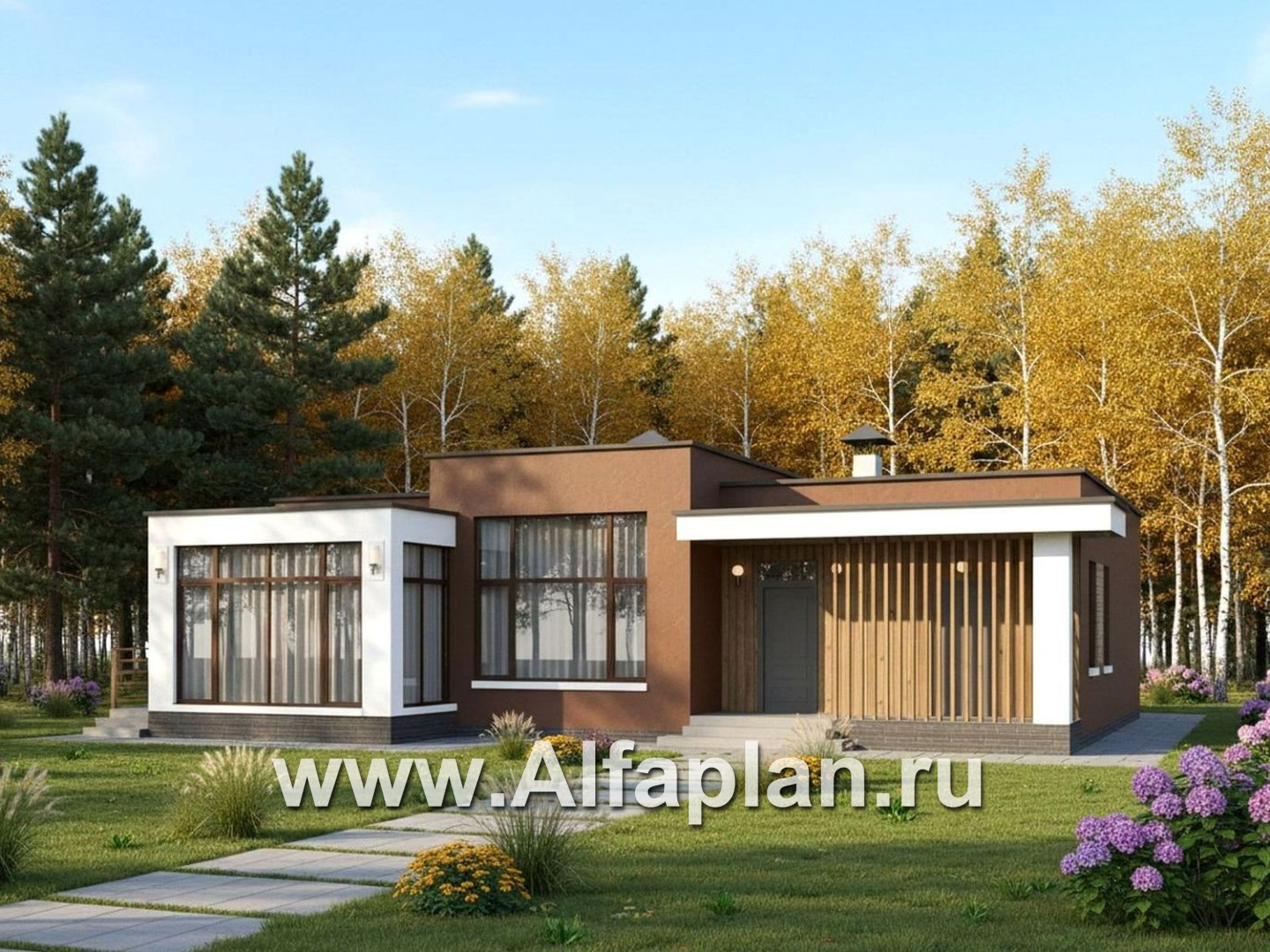 «Селена» - проект одноэтажного дома  с плоской крышей, планировка мастер спальня, 2 детских, кладовая при кухне, остекленная веранда - дизайн дома №2