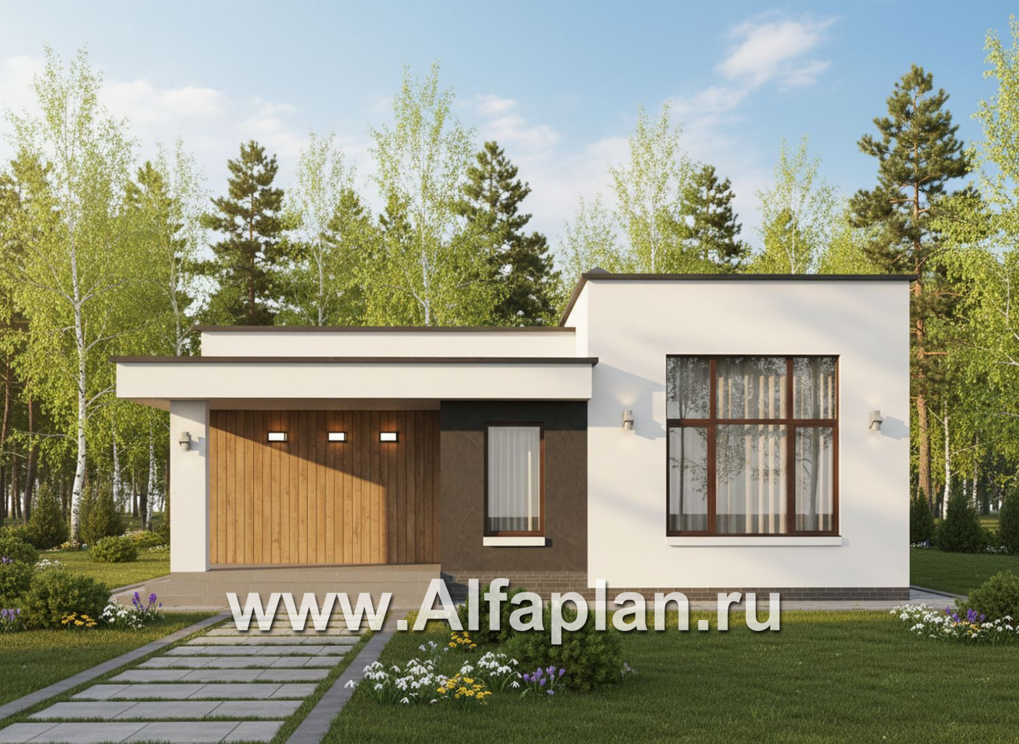 «Белоостров» - проект одноэтажного дома с плоской крышей, планировка 2 спальни, кладовая при кухне - основное изображение