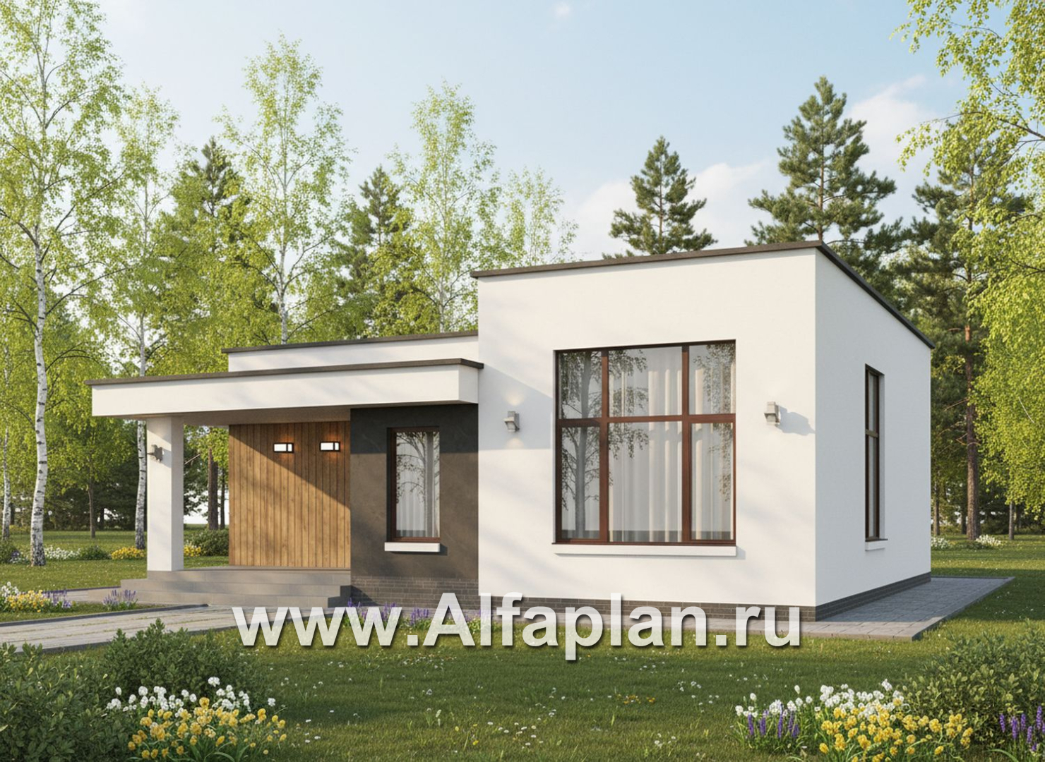 «Белоостров» - проект одноэтажного дома с плоской крышей, планировка 2 спальни, кладовая при кухне - дизайн дома №2