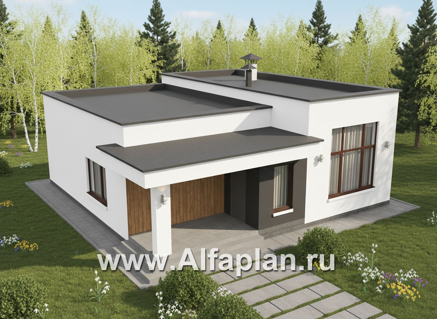 «Белоостров» - проект одноэтажного дома с плоской крышей, планировка 2 спальни, кладовая при кухне - дизайн дома №3