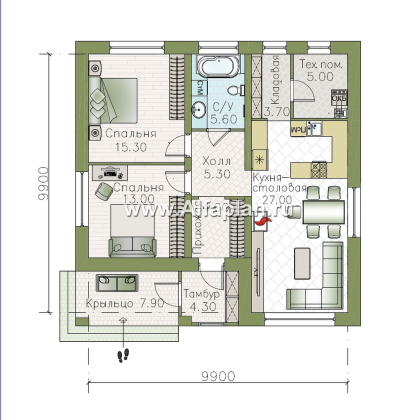 «Белоостров» - проект одноэтажного дома с плоской крышей, планировка 2 спальни, кладовая при кухне - превью план дома - фото №1