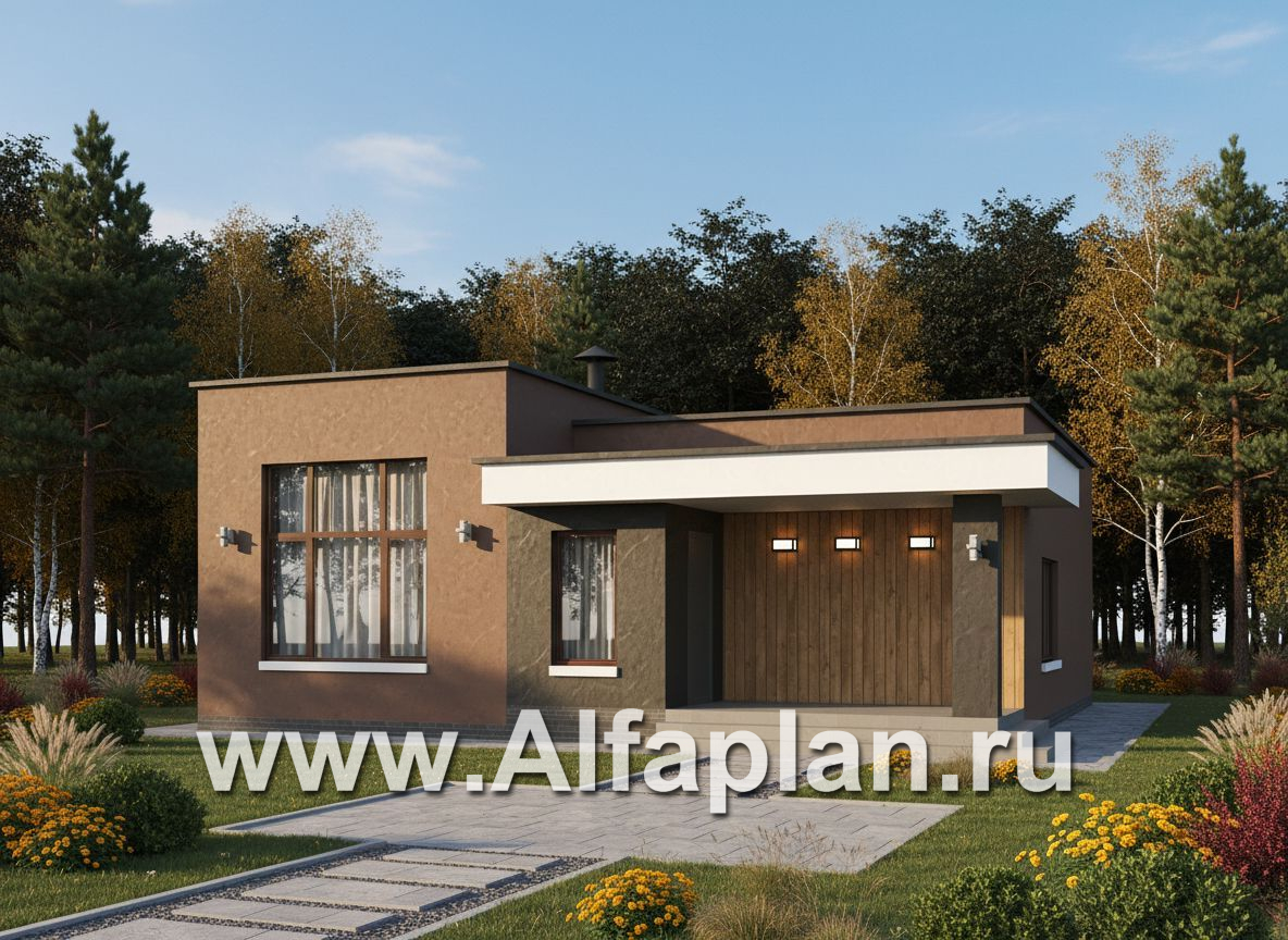 «Белоостров» - проект одноэтажного дома с плоской крышей, планировка 2 спальни, кладовая при кухне - основное изображение