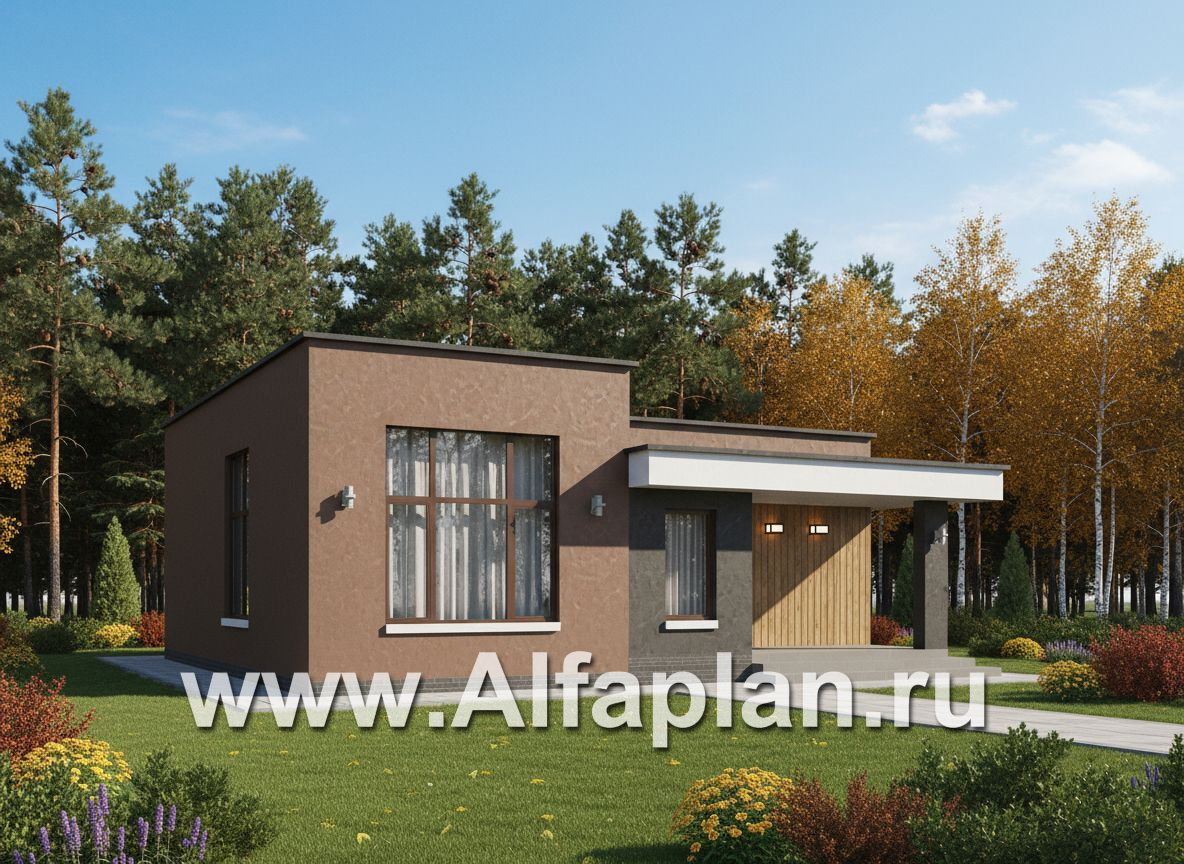 «Белоостров» - проект одноэтажного дома с плоской крышей, планировка 2 спальни, кладовая при кухне - дизайн дома №1