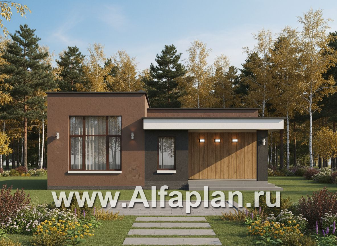 «Белоостров» - проект одноэтажного дома с плоской крышей, планировка 2 спальни, кладовая при кухне - дизайн дома №2