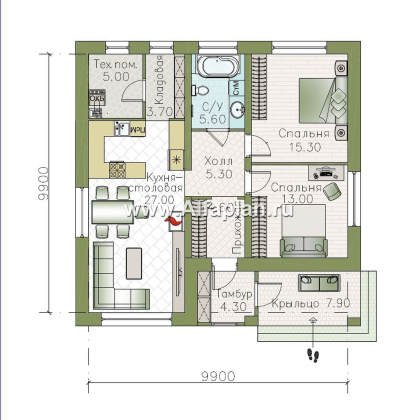 «Белоостров» - проект одноэтажного дома с плоской крышей, планировка 2 спальни, кладовая при кухне - превью план дома - фото №1