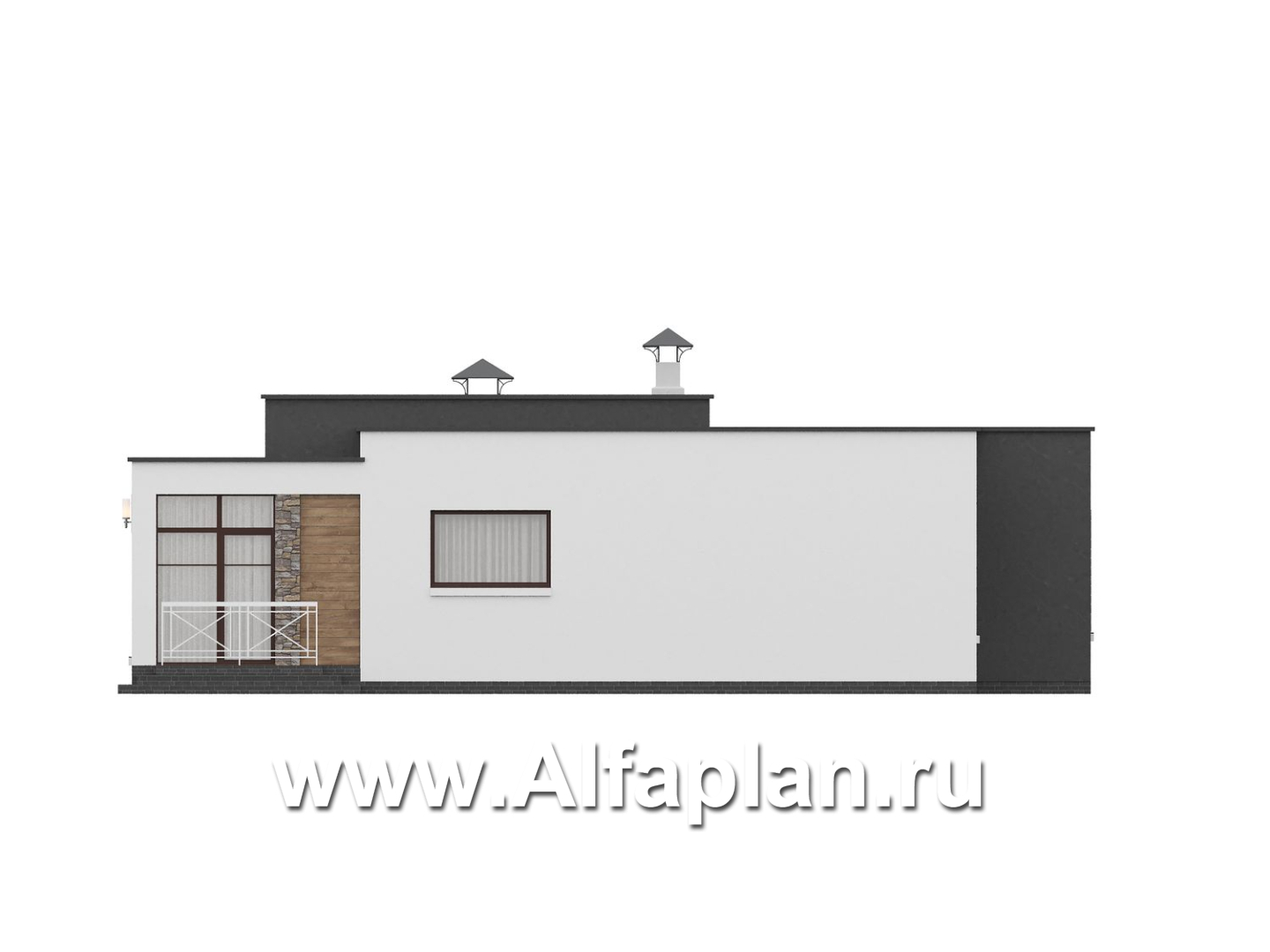 «Селена» - проект одноэтажного дома  с плоской кровлей, планировка мастер спальня, 2 детских, кладовая рядом с кухней, остекленная веранда - фасад дома - фото №4