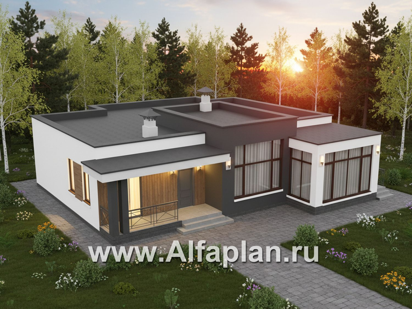 «Селена» - проект одноэтажного дома  с плоской кровлей, планировка мастер спальня, 2 детских, кладовая рядом с кухней, остекленная веранда - дизайн дома №2