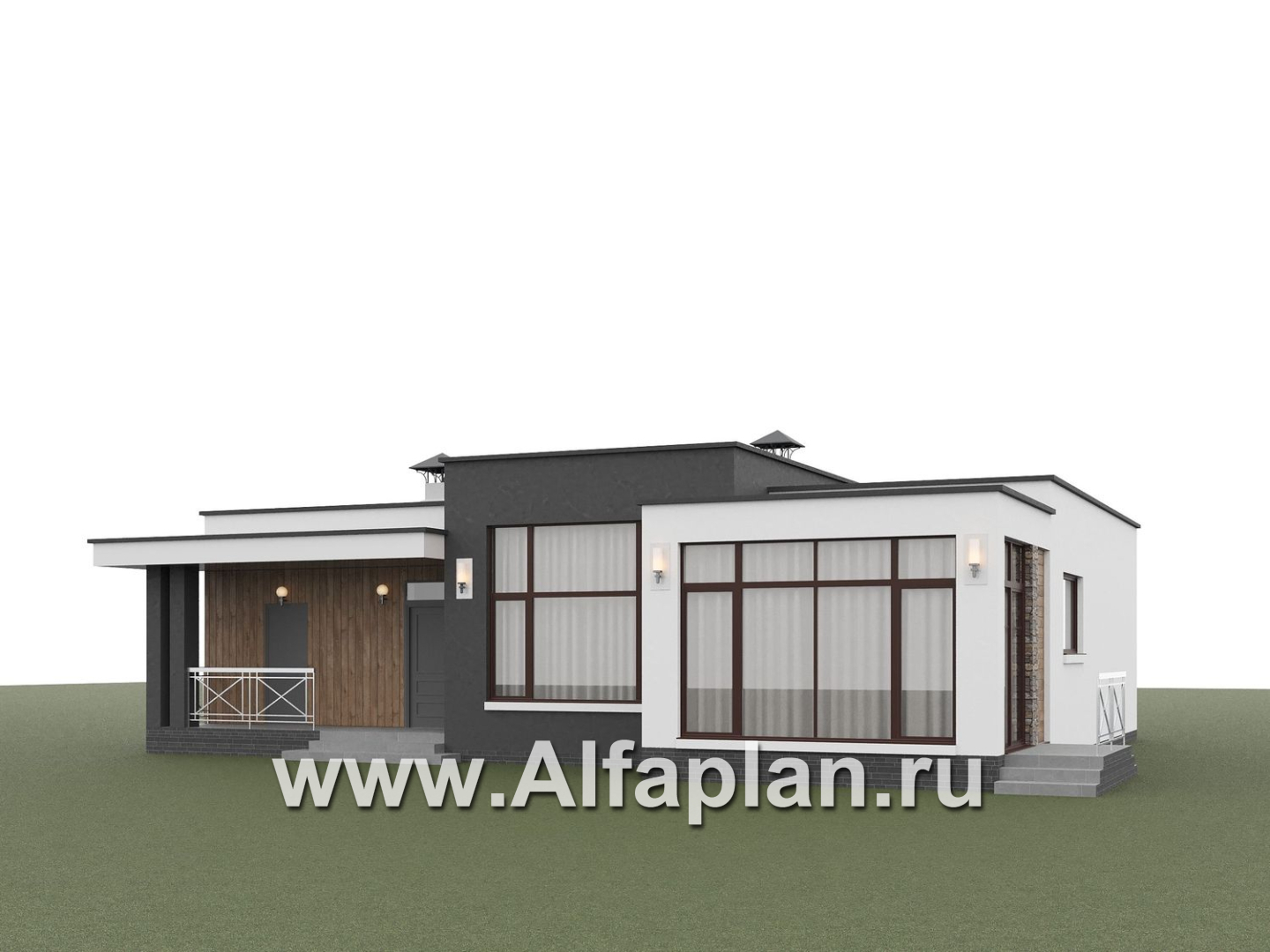 «Селена» - проект одноэтажного дома  с плоской кровлей, планировка мастер спальня, 2 детских, кладовая рядом с кухней, остекленная веранда - дизайн дома №3