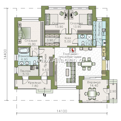 «Селена» - проект одноэтажного дома  с плоской кровлей, планировка мастер спальня, 2 детских, кладовая рядом с кухней, остекленная веранда - превью план дома - фото №1
