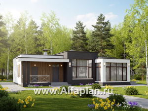 «Селена» - проект одноэтажного дома  с плоской кровлей, планировка мастер спальня, 2 детских, кладовая рядом с кухней, остекленная веранда