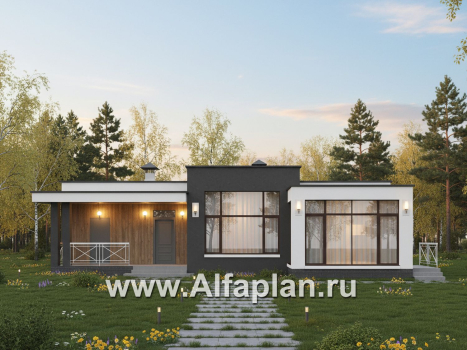 «Селена» - проект одноэтажного дома  с плоской кровлей, планировка мастер спальня, 2 детских, кладовая рядом с кухней, остекленная веранда - превью дополнительного изображения №1