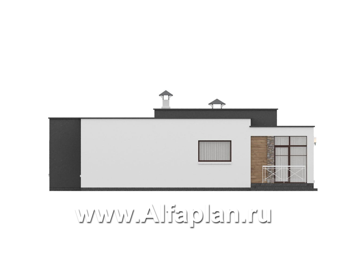 «Селена» - проект одноэтажного дома  с плоской кровлей, планировка мастер спальня, 2 детских, кладовая рядом с кухней, остекленная веранда - фасад дома - фото №4