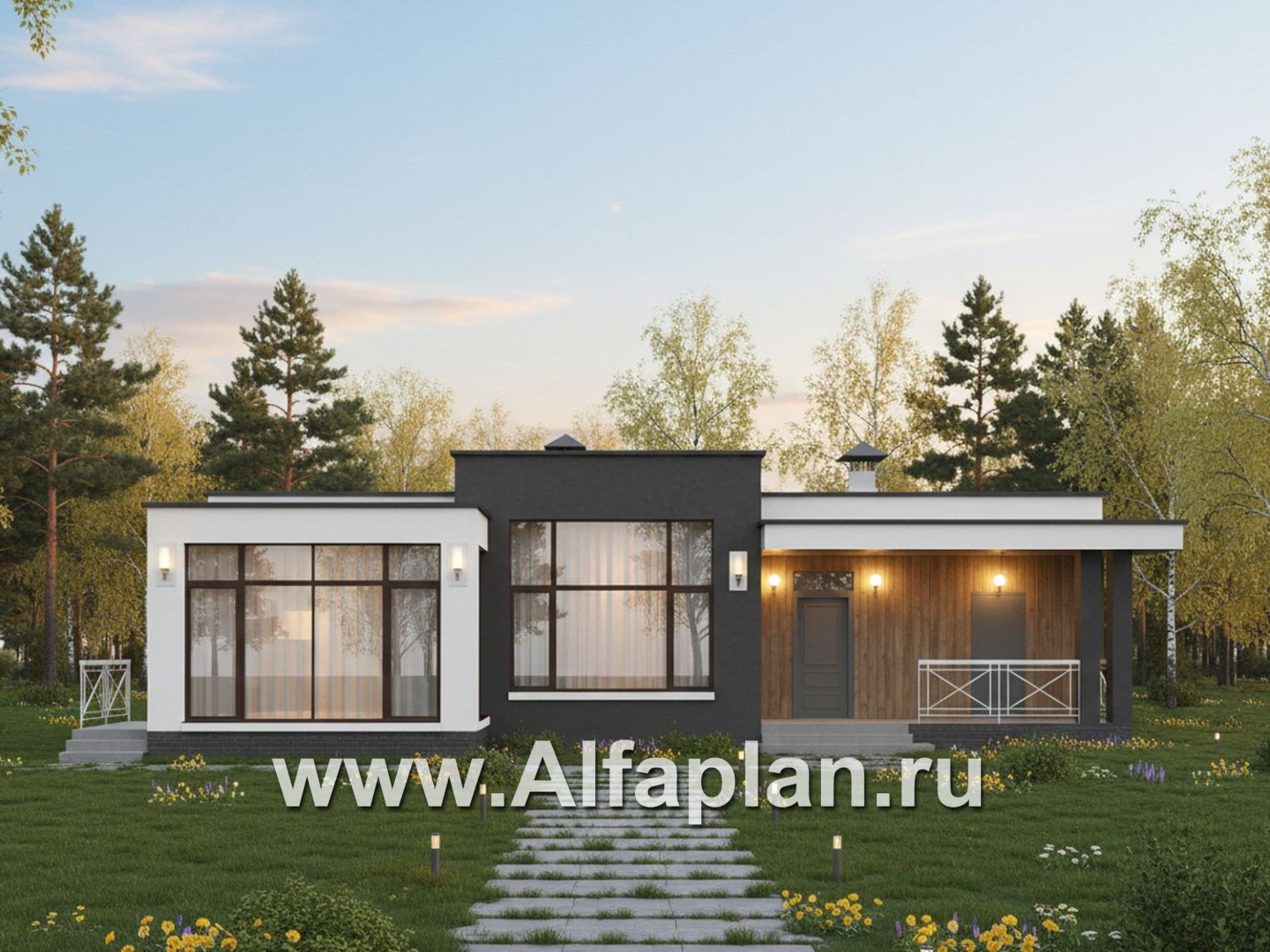 «Селена» - проект одноэтажного дома  с плоской кровлей, планировка мастер спальня, 2 детских, кладовая рядом с кухней, остекленная веранда - основное изображение