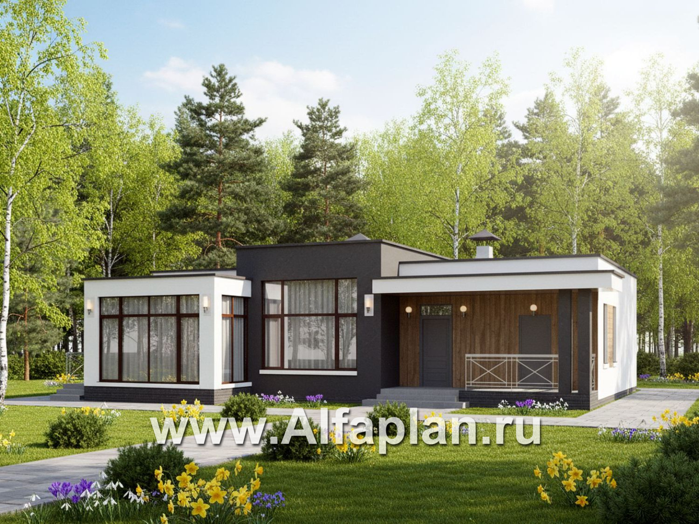 «Селена» - проект одноэтажного дома  с плоской кровлей, планировка мастер спальня, 2 детских, кладовая рядом с кухней, остекленная веранда - дизайн дома №1