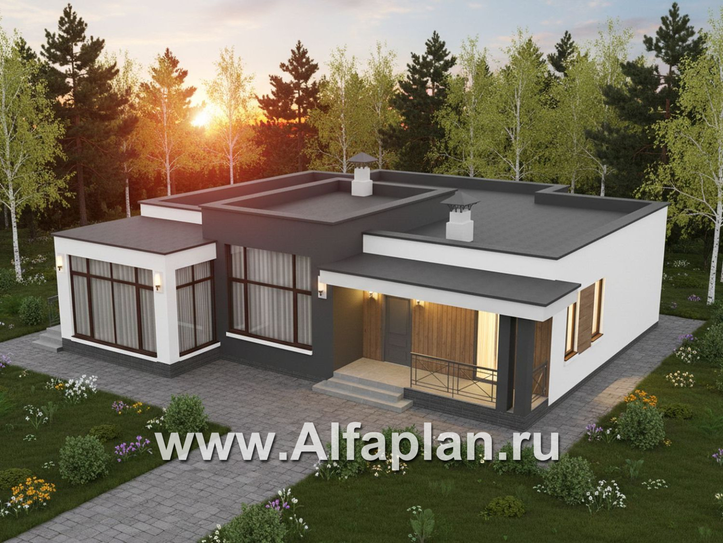 «Селена» - проект одноэтажного дома  с плоской кровлей, планировка мастер спальня, 2 детских, кладовая рядом с кухней, остекленная веранда - дизайн дома №2