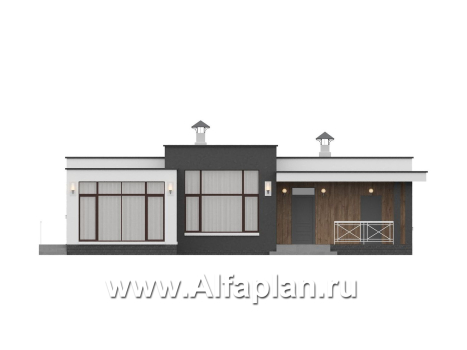 «Селена» - проект одноэтажного дома  с плоской кровлей, планировка мастер спальня, 2 детских, кладовая рядом с кухней, остекленная веранда - превью фасада дома - фото №1