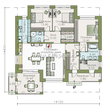 «Селена» - проект одноэтажного дома  с плоской кровлей, планировка мастер спальня, 2 детских, кладовая рядом с кухней, остекленная веранда - превью план дома - фото №1