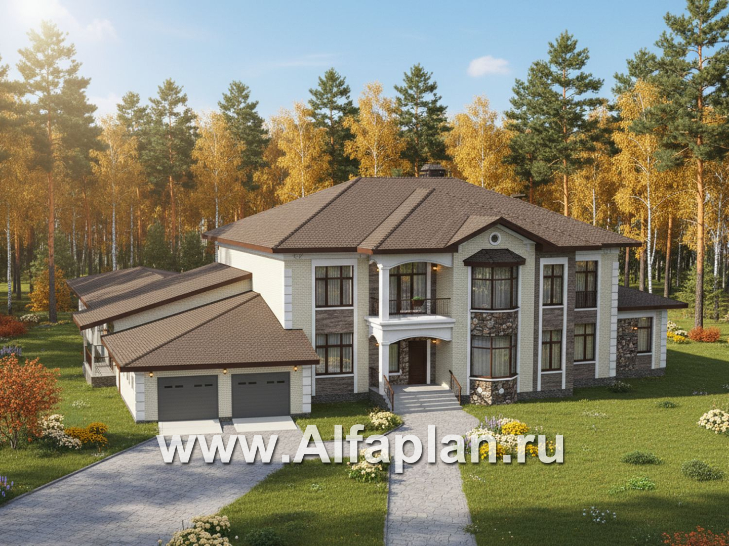 «Московия» - проект двухэтажного дома,  с двусветной гостиной и бассейном, семейный особняк в русском стиле - основное изображение