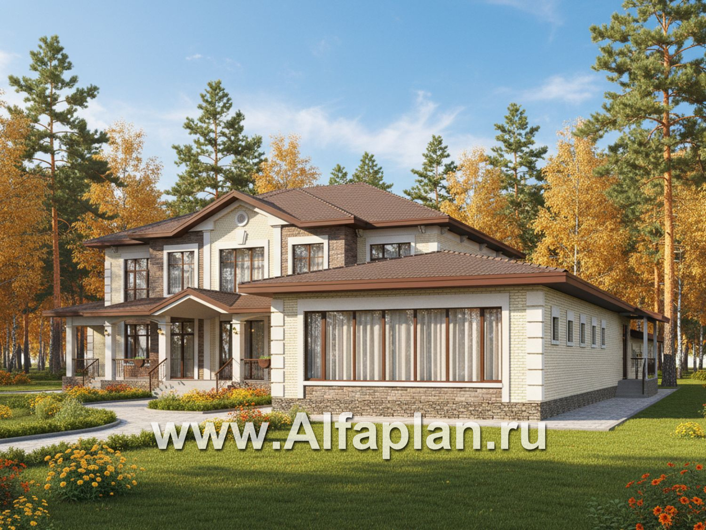 «Московия» - проект двухэтажного дома,  с двусветной гостиной и бассейном, семейный особняк в русском стиле - дизайн дома №4