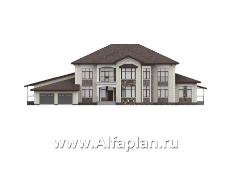 «Московия» - проект двухэтажного дома,  с двусветной гостиной и бассейном, семейный особняк в русском стиле - превью фасада дома - фото №1