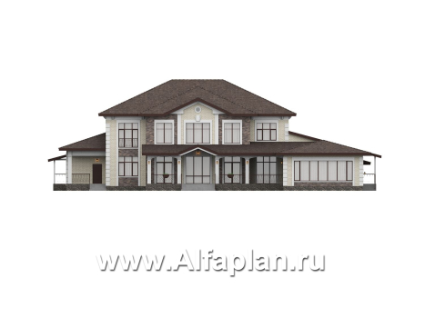 «Московия» - проект двухэтажного дома,  с двусветной гостиной и бассейном, семейный особняк в русском стиле - превью фасада дома - фото №3