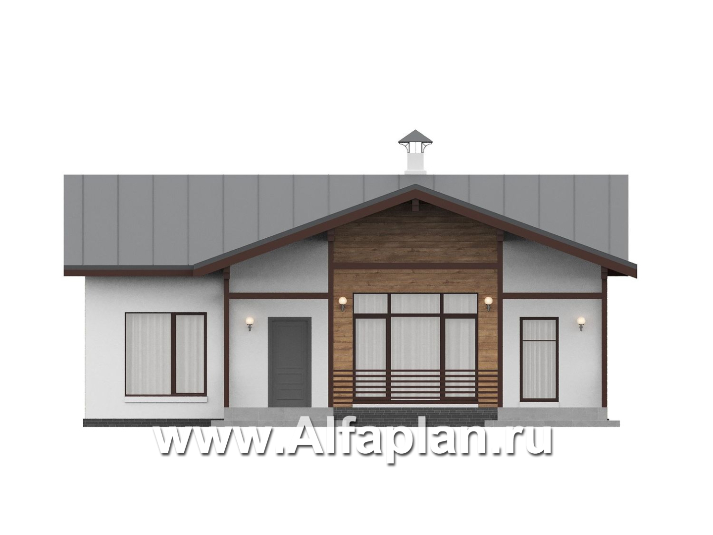 «Акцепт» - проект одноэтажного дома, планировка 2 спальни, с террасой и кладовкой при кухне. Есть вариан 1-а спальня + сауна - фасад дома - фото №1