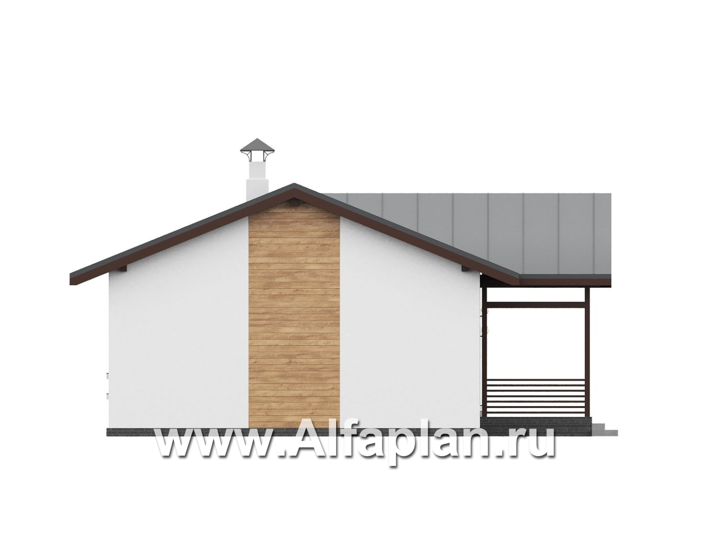 «Акцепт» - проект одноэтажного дома, планировка 2 спальни, с террасой и кладовкой при кухне. Есть вариан 1-а спальня + сауна - фасад дома - фото №2