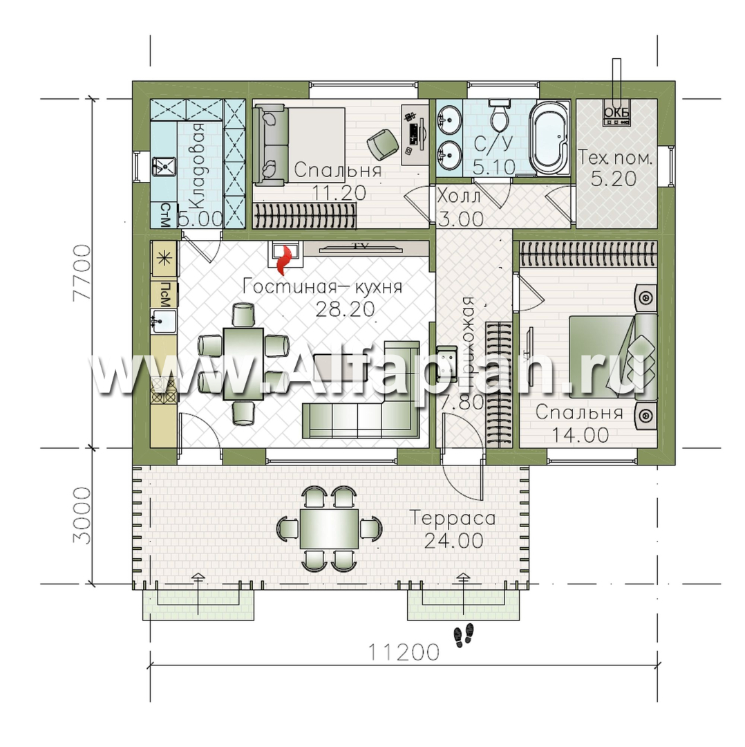 «Акцепт» - проект одноэтажного дома, планировка 2 спальни, с террасой и кладовкой при кухне. Есть вариан 1-а спальня + сауна - план дома - фото №1