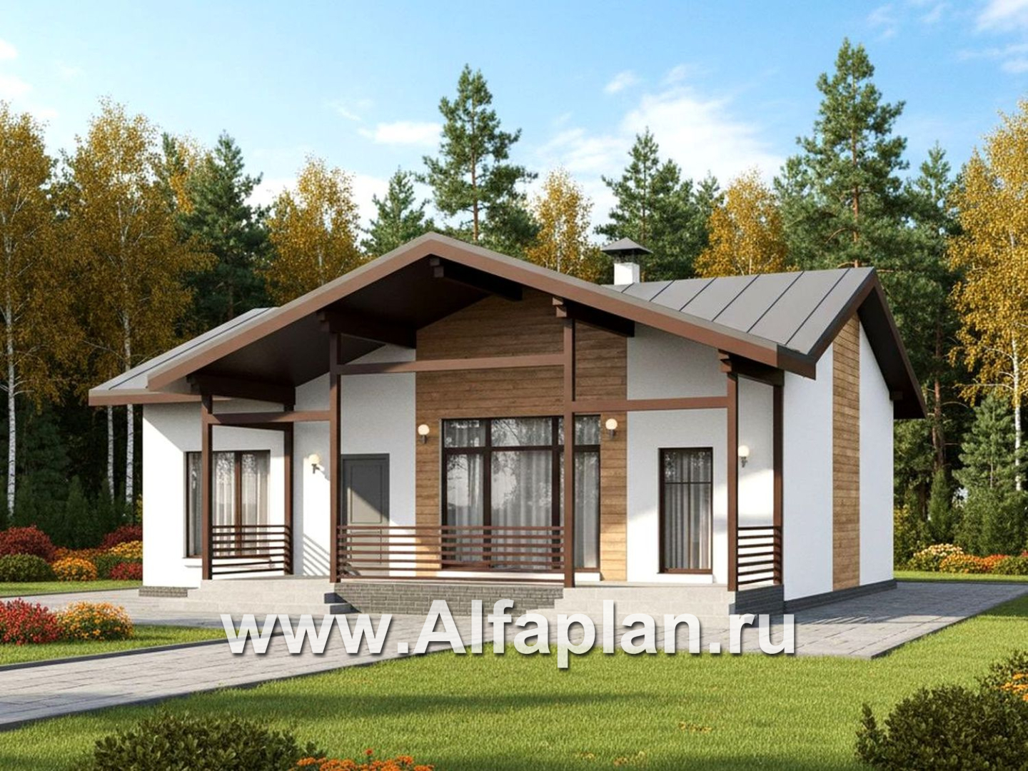 «Акцепт» - проект одноэтажного дома, планировка 2 спальни, с террасой и кладовкой при кухне. Есть вариан 1-а спальня + сауна - дизайн дома №1