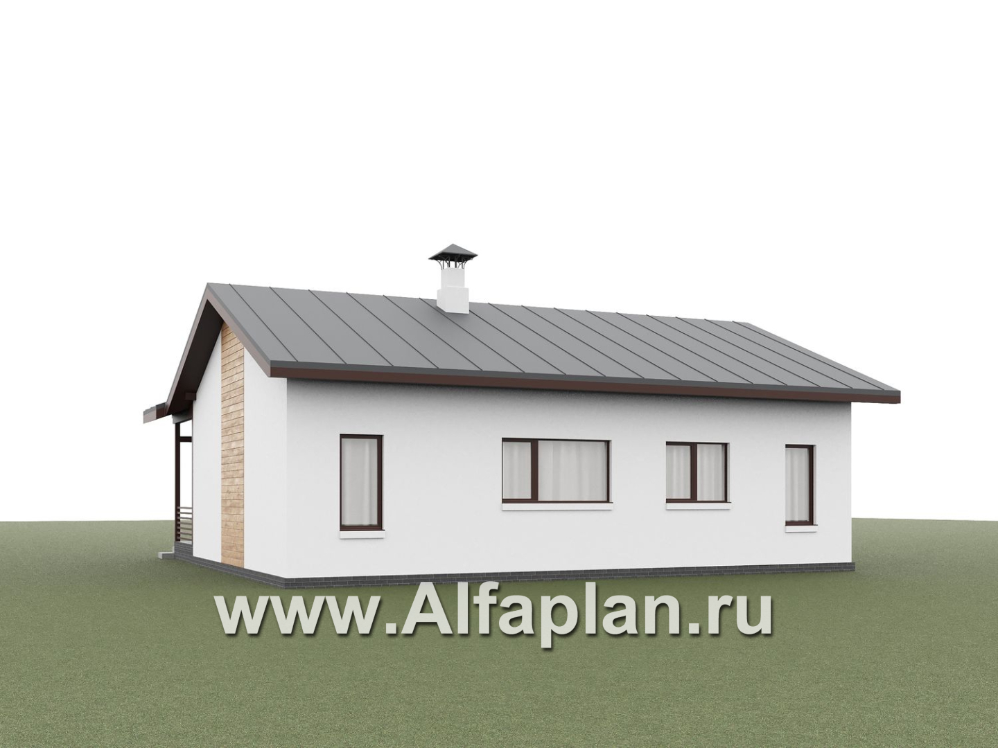 «Акцепт» - проект одноэтажного дома, планировка 2 спальни, с террасой и кладовкой при кухне. Есть вариан 1-а спальня + сауна - дизайн дома №3