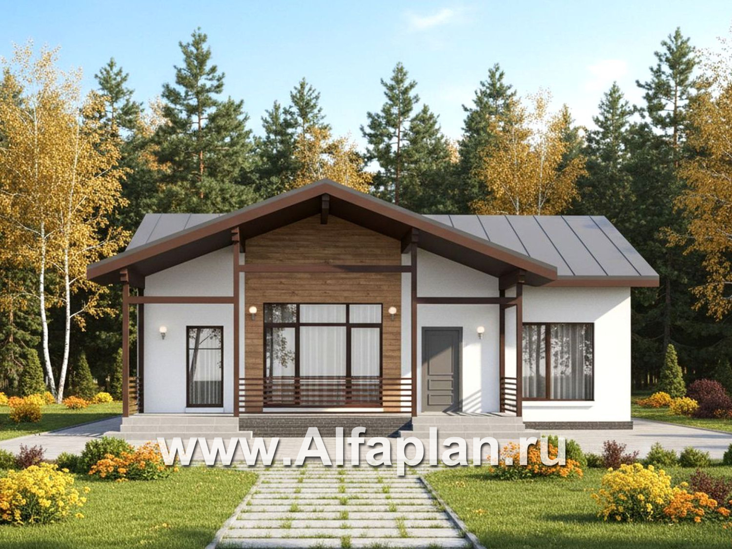 «Акцепт» - проект одноэтажного дома, планировка 2 спальни, с террасой и кладовкой при кухне. Есть вариан 1-а спальня + сауна - основное изображение